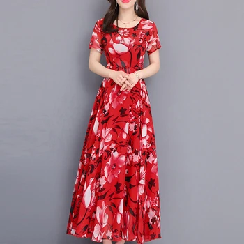 

women 2019 summer Casual Print Chiffon dress fashion Short sleeve O-Neck long dress elegant Ruffles A-Line dress women