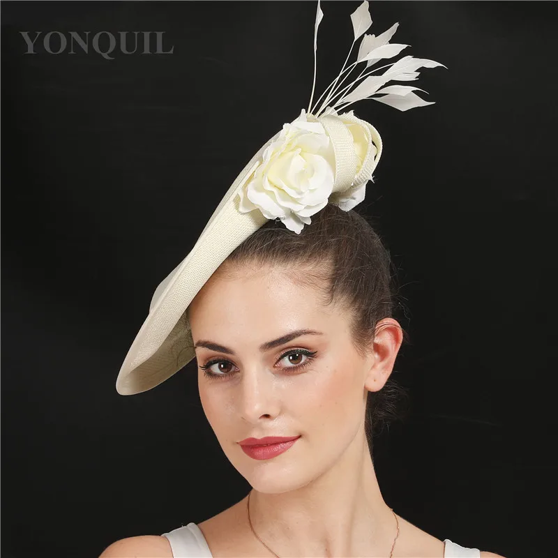 Бежевые свадебные аксессуары для волос Кентукки Дерби чародей головные уборы высокого качества имитация льняная Коктейльная шляпа с цветком SYF666