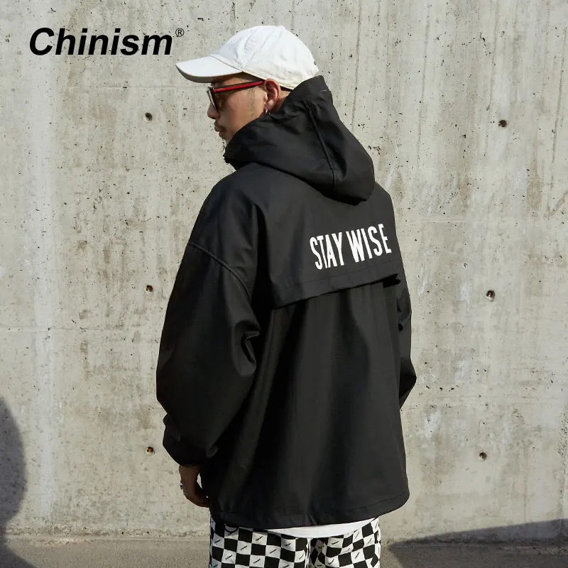 CHINISM Front Pocket PU Hooded Jackets Men Loose Waterproof Hip Hop Streetwear Windbreaker Jacket Stay Wise Printed PU Outwear