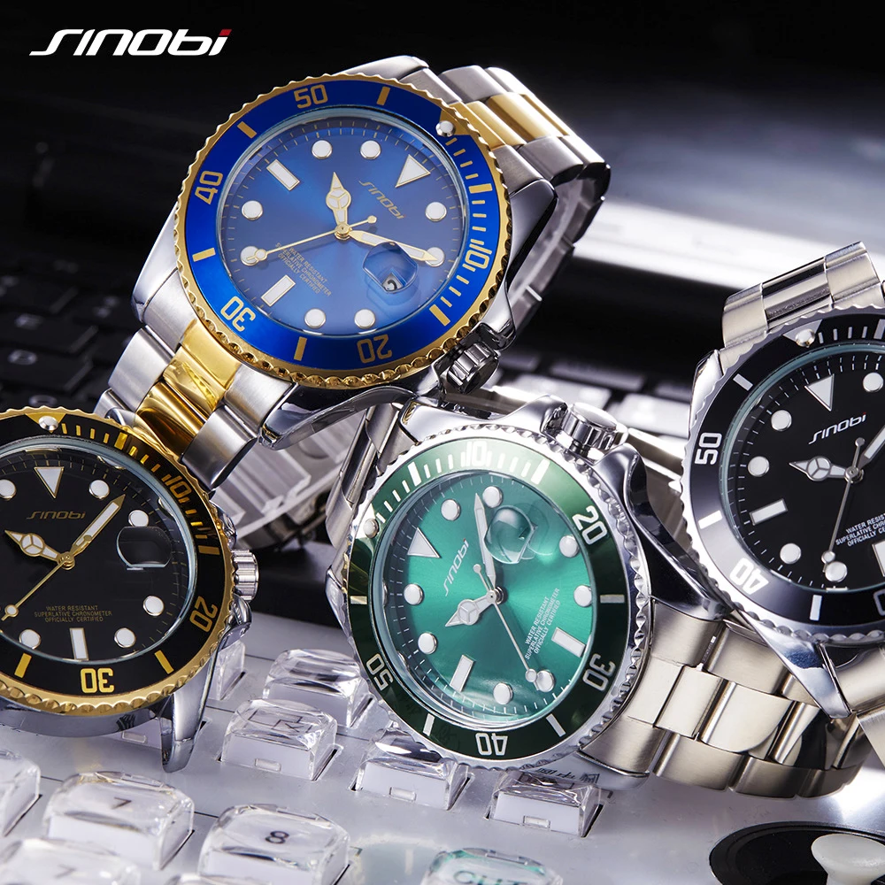 SINOBI Mens Watches Top Brand Luxury High Quality Solid steel belt Mans Sport Submariner series Watches Golden relogio masculino