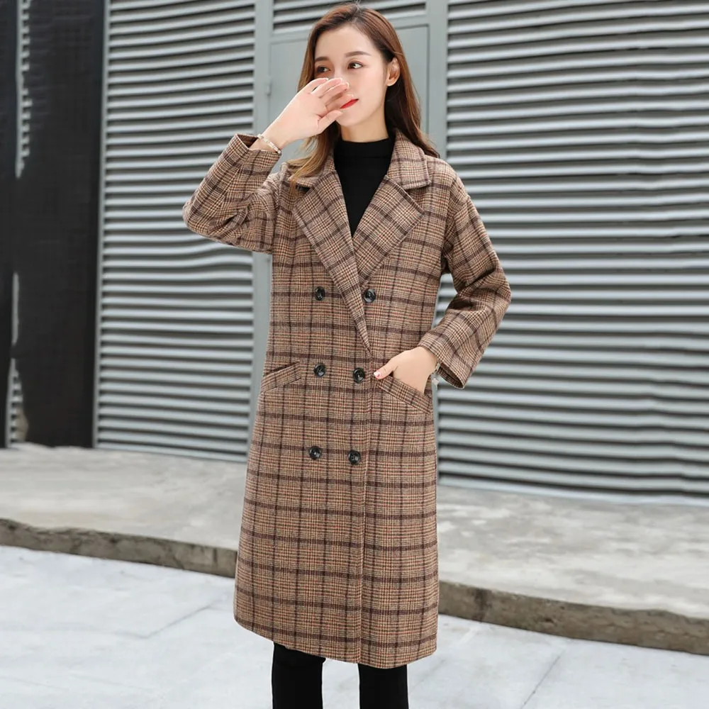 Винтажное клетчатое шерстяное пальто для женщин зима модная теплая свободная флисовая верхняя одежда корейское уличное повседневное пальто для женщин - Цвет: Хаки