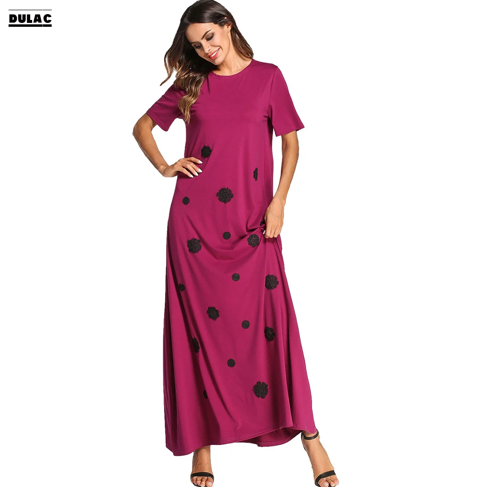 

2018 Ramadan Middle East Gown Muslim Abaya Robe Big Women Fashion O-Neck Short Sleeved Applique Knitted Casual Loose Long Dress
