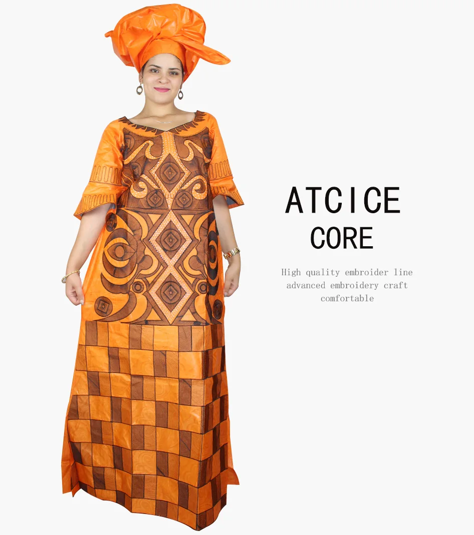 African Dresses For Woman Bazin Riche Computer Emboridery Plus Size Long Dress With Scarf A023 african robe