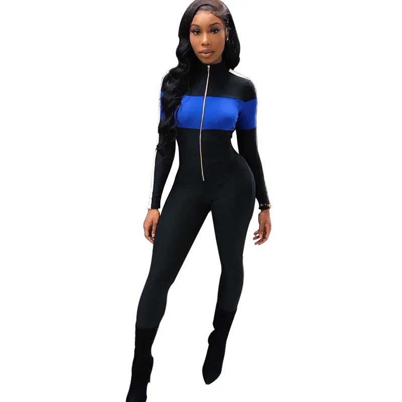 New Contrast Color Sexy Bodycon Jumpsuit Overall Causal Long Sleeve Skinny Jumpsuit Female Stripe Zipper Long Rompers Sportswear