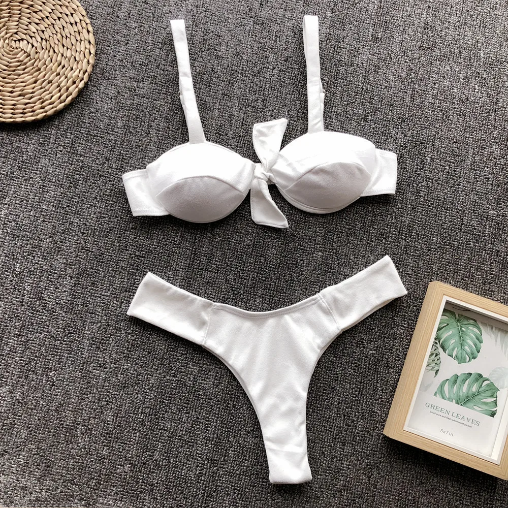 

Bikini 2019 Solid Push Up Thong Swimsuit Swimwear Women Tied Two Stocks Beach Summer Waste Bikini Swimming Suit