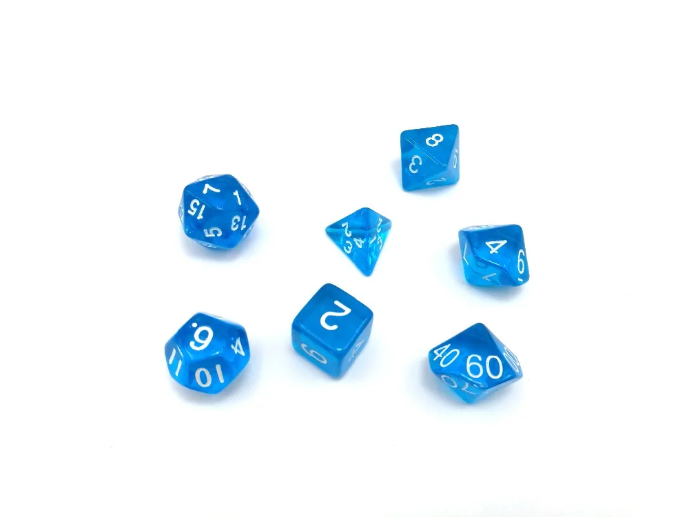 

7pcs/set game dice D4 d6 d8 d10 d10% d12 d20 blue color multi-sided transparent effect RPG dice playing game