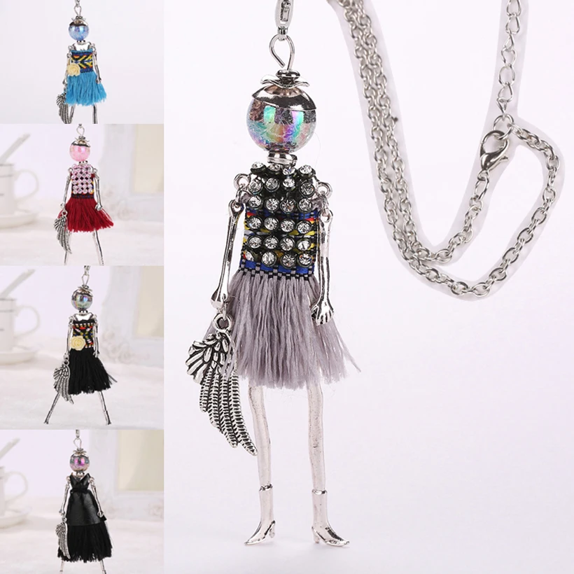 

New black tassel doll women long pendant multicolor maxi necklace female cute hot girl rhinestone fashion jewelry collier femme