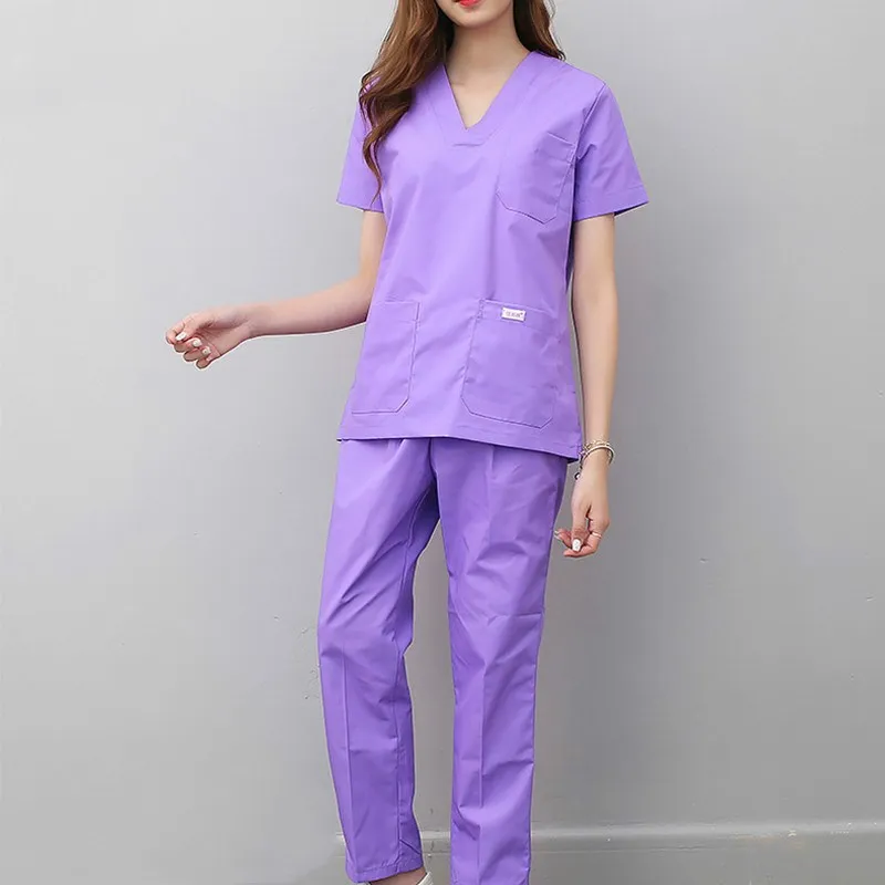 V образным вырезом летние шорты рукавом Для женщин работы топы, штаны наборы скрабов в больнице хирургической медсестры костюм для стоматологической клиники медицинская униформа - Цвет: Light purple