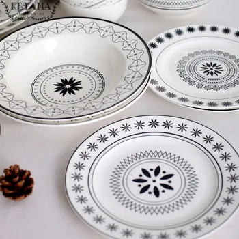 

KEYAMA Nordic minimalist style white ceramic soup dish Geometric patterns 9 inches salad plate Dessert plate Baking dish