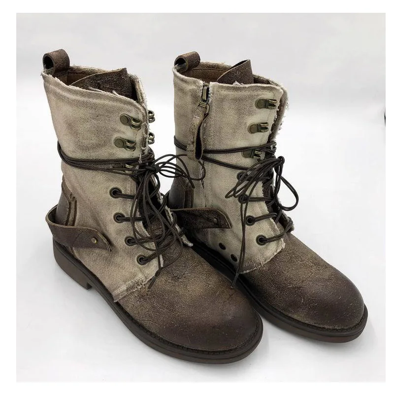 

2018 new British retro Martin boots female, round head canvas top layer leather flat bottom high help single boots female