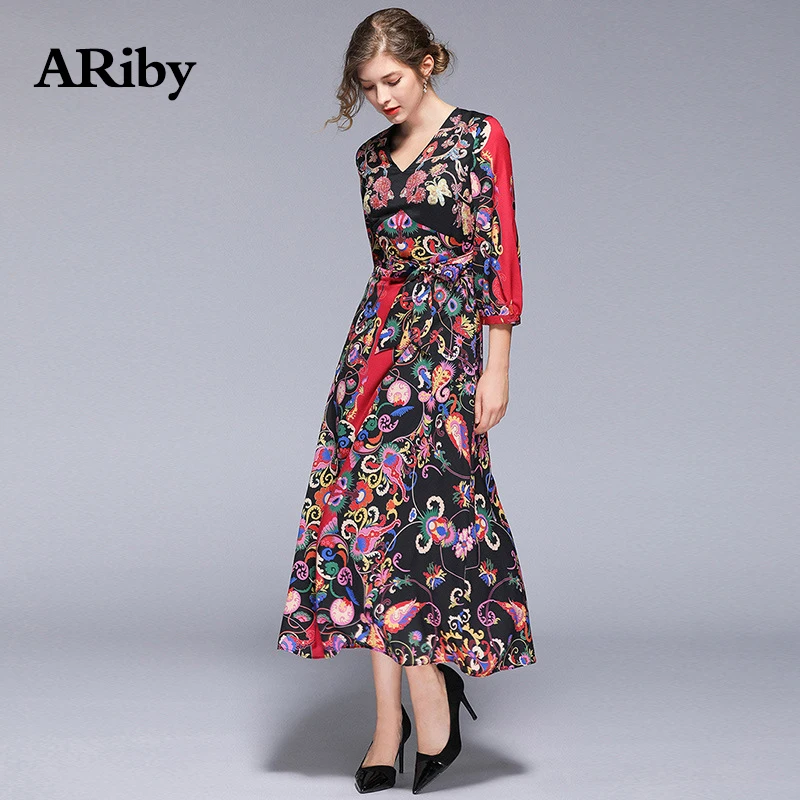 Women Dress 2019 Spring and Summer New High-end Lady Temperament Retro Printed Dress V Collar Bubble Sleeve Long A-Line Dresses
