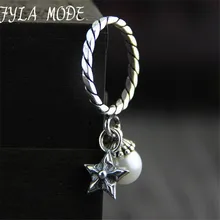 Fyla Mode Classic Shell Pearl & Star Charms Finger Rings for Women Genuine Pure 925 Sterling Silver Pearls Ring Fine Jewelry
