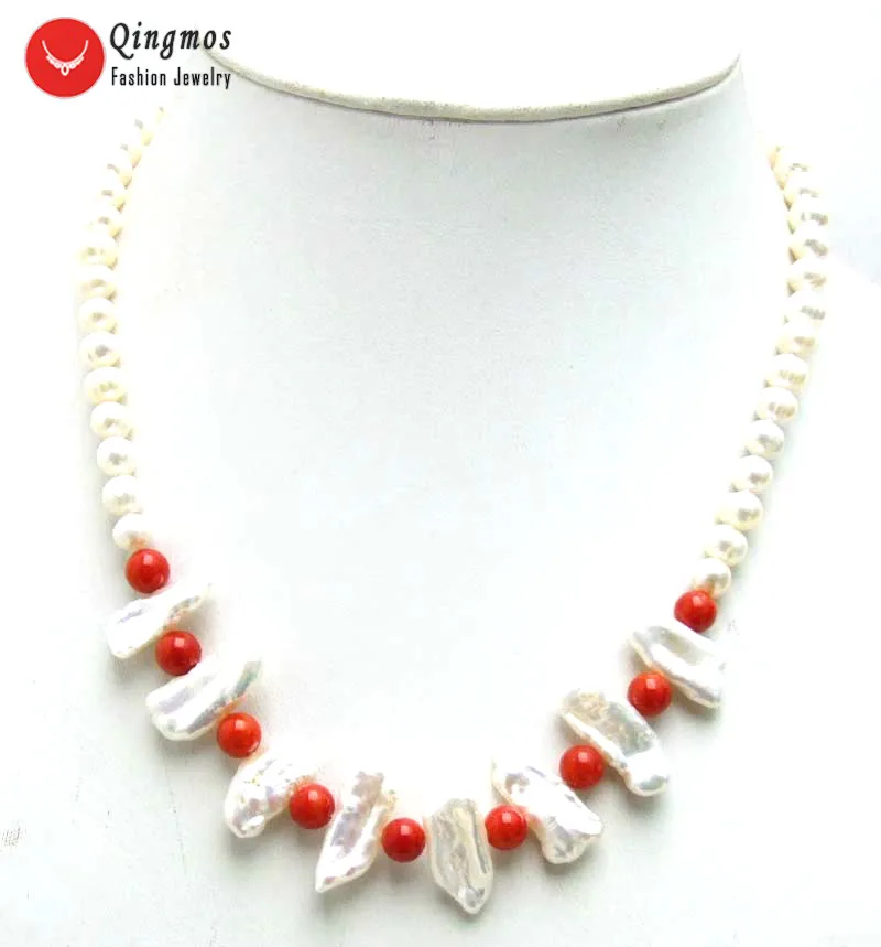 

Qingmos Natural Pearl Necklace for Women with 6-7mm Round &12-15mm Biwa Pearl & 6mm Red Coral Necklace Jewelry 17'' Nec6126