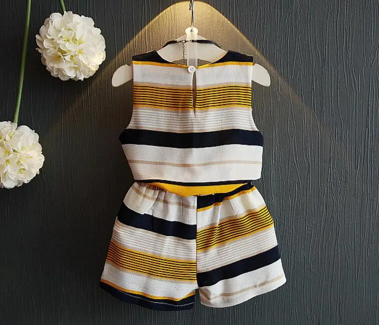 Sleeveless Girls Clothing Sets Casual Chiffon Striped Shirt Tops Shorts 2-piece Kids Clothes 2019 Summer Children Outfits Suit (2)