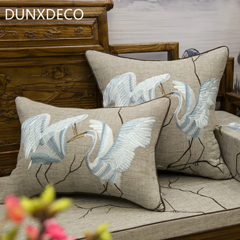 

DUNXDECO Cushion Cover Decorative Pillow Case Vintage Chinese Traditional Crane Couple Linen Cotton Embroidery Artistic Coussin