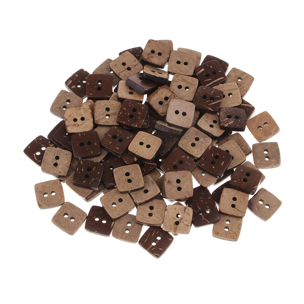 100pcs Square Shape Wooden Coconut Shell Buttons 2 Holes for DIY Sewing Craft