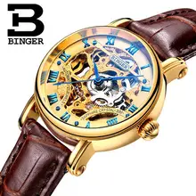 Luxury Hollow Geneva Binger Women Watches Casual Ladies Fashion Dress Leather Band Watch Skeleton Automatic Wristwatch Clock