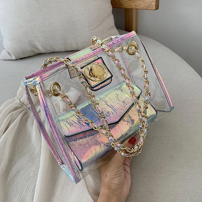

Laser Transparent Travel Jelly bag 2019 Summer New High Quality PVC Women's Designer Handbag Lock Chain Shoulder Messenger bag