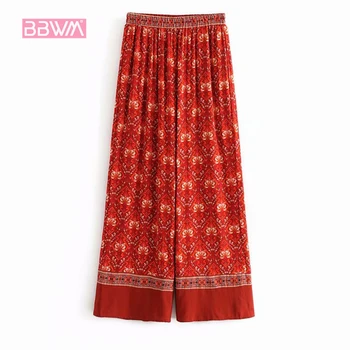 

Ethnic holiday wind loose trousers summer new elastic waist high waist color cotton wide leg pants long pants tide 2018