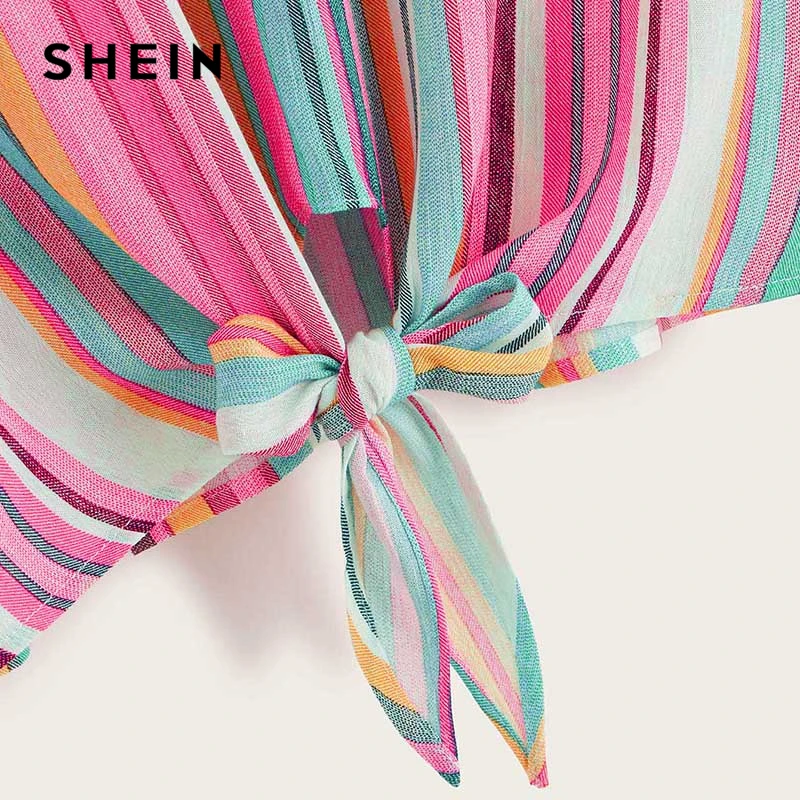 SHEIN Женские топы и блузки в разноцветную полоску с узлом спереди, повседневные летние блузки с коротким рукавом и пуговицами