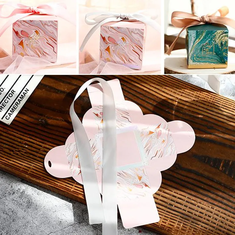 Горячее тиснение мраморная коробка с лентой для Baby Shower Конфеты diy Свадьба День