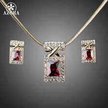 AZORA Diseño Único Chapado En Oro con Rojo Oscuro Cubic Zirconia Pendientes y Collar de La Joyería Sets TG0027