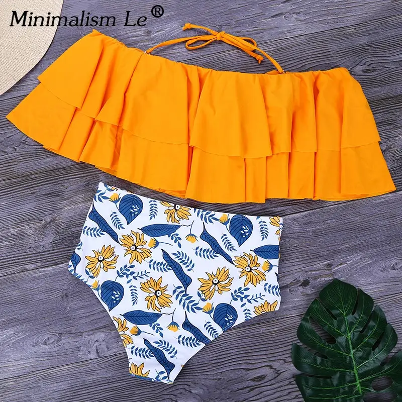 Minimalism Le Sexy High Waist Swimsuit Print Swimwear 2019 Halter Bikini Set Ruffle Shoulder Bathing Suit Women Solid Bikini Xxl Minimalism Le Sexy High Waist Swimsuit Print Swimwear 2019 Halter Bikini Set Ruffle Shoulder Bathing Suit Women Solid Bikini Xxl