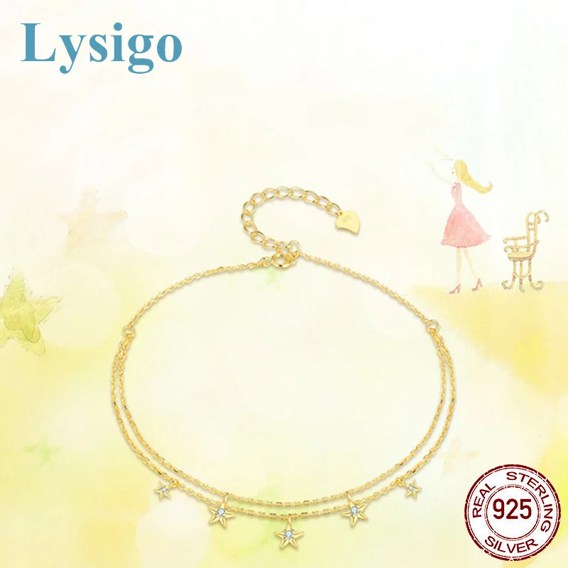 

Lysigo 100% S925 Silver Gold Women's Ankle Bracelet Multi-layers Star Elegant Sweet Summer Anklet on Foot Leg Chain Jewelry Gift