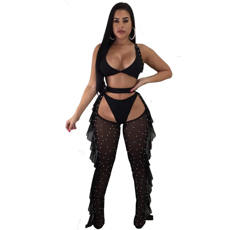 

Sexy Club Outfits 3 Piece Set Women Summer Crop Top + Shorts + Pearls Beading Sheer Mesh Pants Set Party Nightclub Matching Set