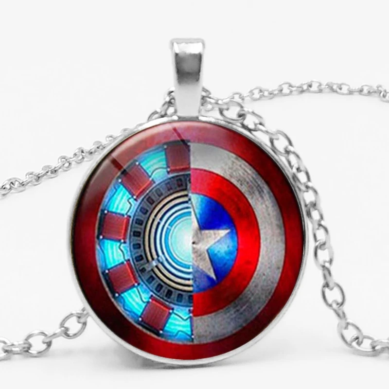 

2019 / New Avengers Movie Series Necklace Iron Man Heart Shaped and Captain America Shield Glass Time Gem Pendant Necklace