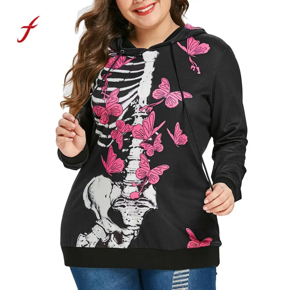 feitong Womens Hoodie and Sweatshirts Skull And Butterfly Print Hoodie Sweatshirt Hooded Pullover Tops Blouse Plus Size XXL