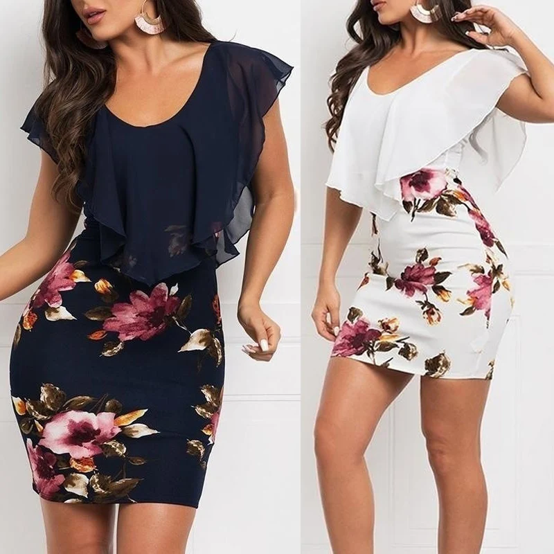 

New Arrival Summer Women's Side Fake Two-piece Printed Slim Dress Generous Elegant Party