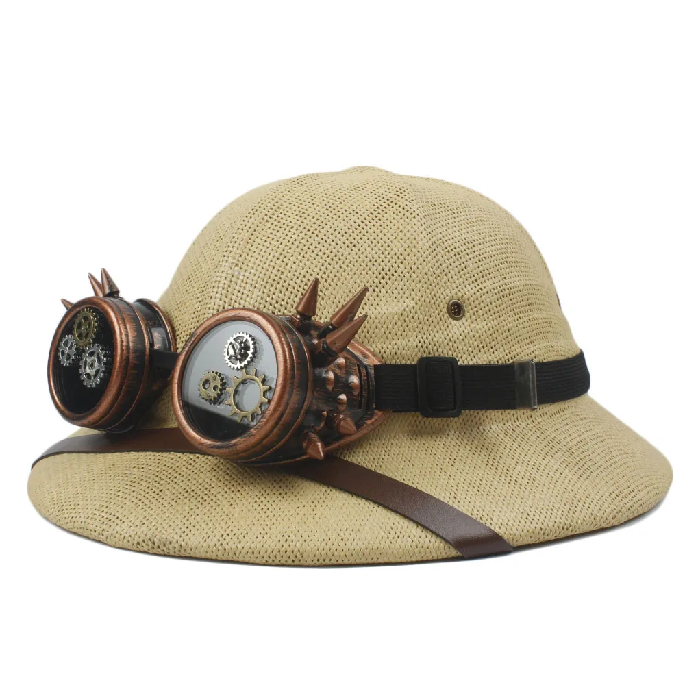 Новинка, соломенный шлем в стиле стимпанк, шляпа от солнца для женщин и мужчин, шапка в стиле вьетнамской армии, очки в стиле панк, сафари, джунгли, шахтеры, шапка 56-59 см - Цвет: Dark Cofffee