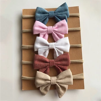 

5pcs/lot Newborn Kids Bow Nylon Headbands Soft Cotton Linen Fabric Bow-knot Elastic Headband Baby Hair Accessories For Girls