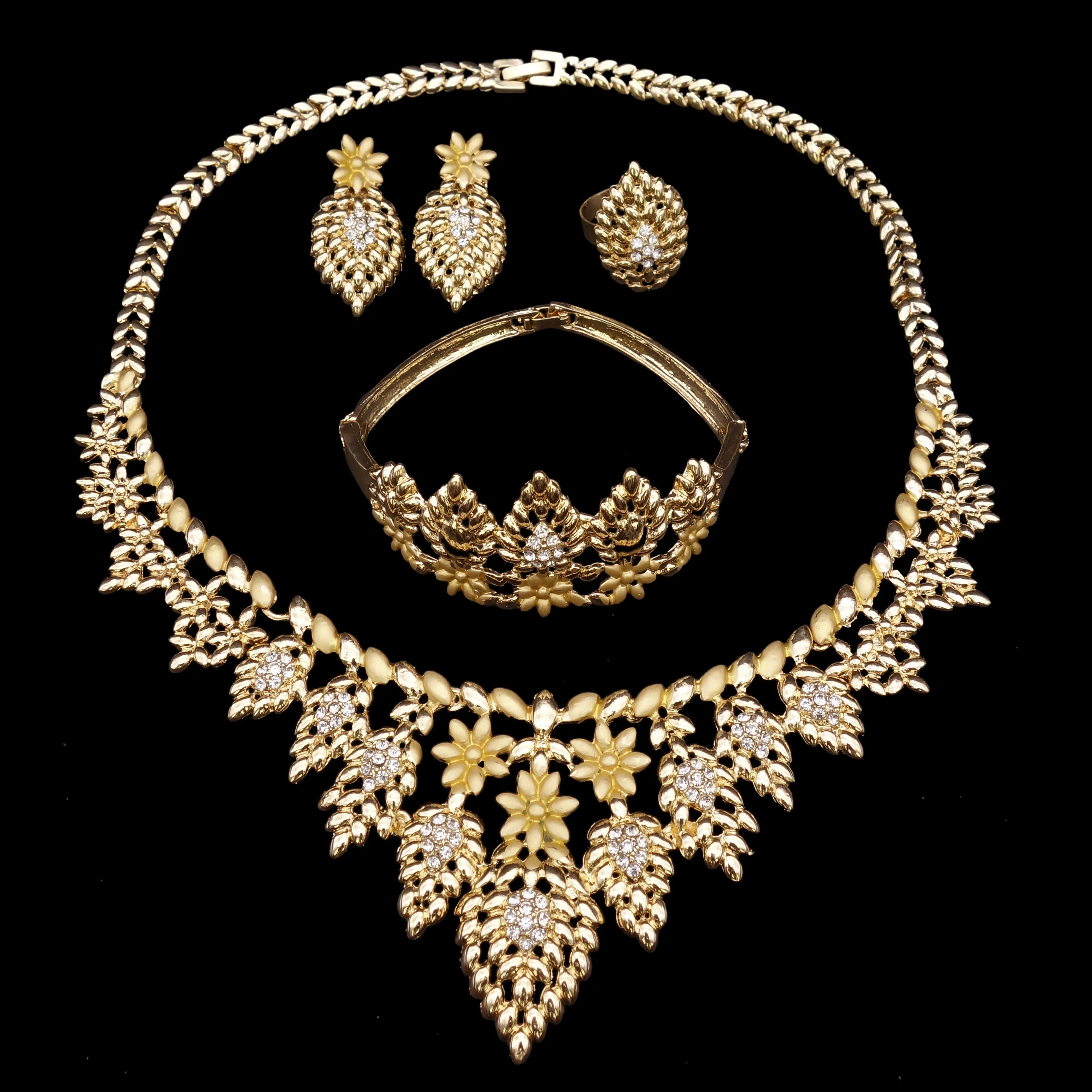 

2019 Dubai bride bridesmaid fashion African golden wedding engagement party necklace, earrings, rings jewelry set