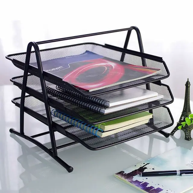 mesh metal magazine holder 3 layers file tray 34.5x24x29.5cm document organizer removable file reel black good quality A4/FC