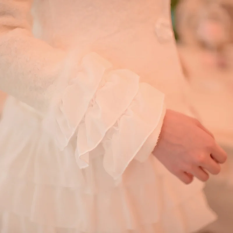 Милое белое шерстяное пальто принцессы, многослойное кружевное многослойное украшение, воротник до груди, с капюшоном, японский дизайн C16CD5914