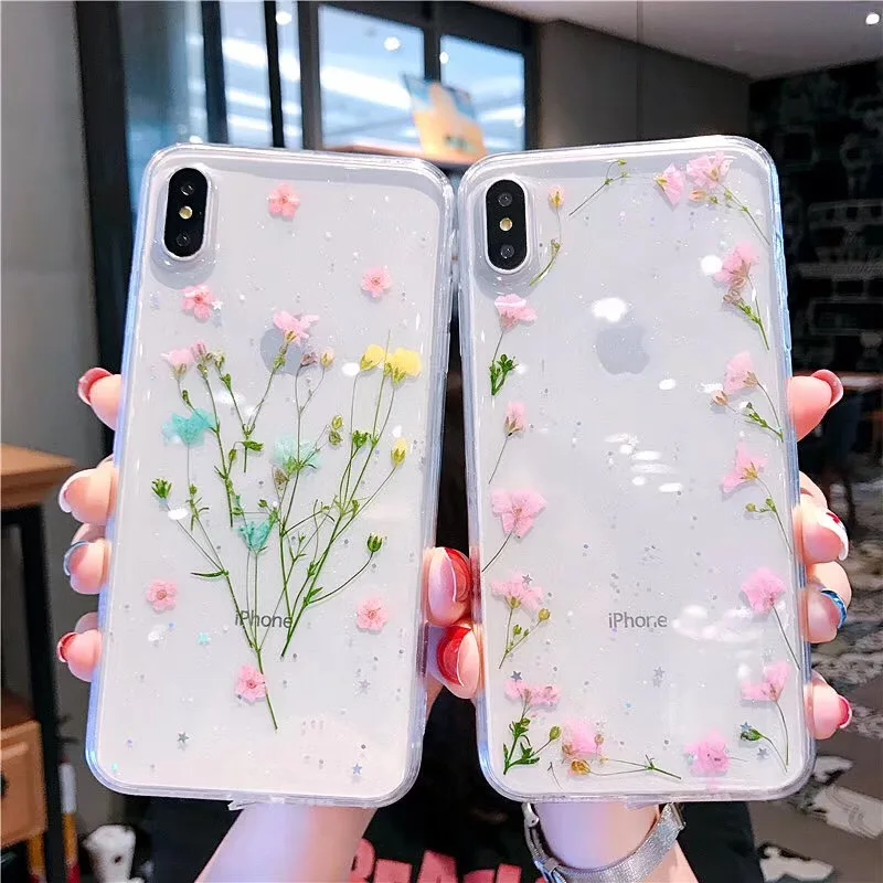 

Dried Real Flowers Handmade Transparent Phone Case For On iPhone X 6 6S 7 8 Plus XS Max XR Soft TPU Phone Back Cover Conque Gift