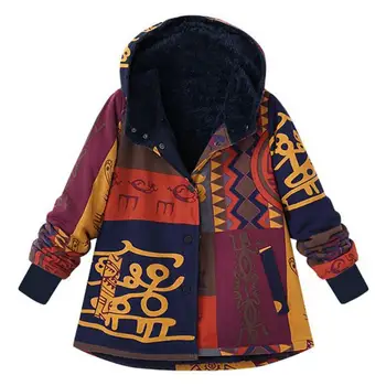 

Women Winter Coat Long Sleeve Hooded Thicken Coat Warm Faux Fluffy Ethnic Printed Jackets Fashion Vintage Women overcoat