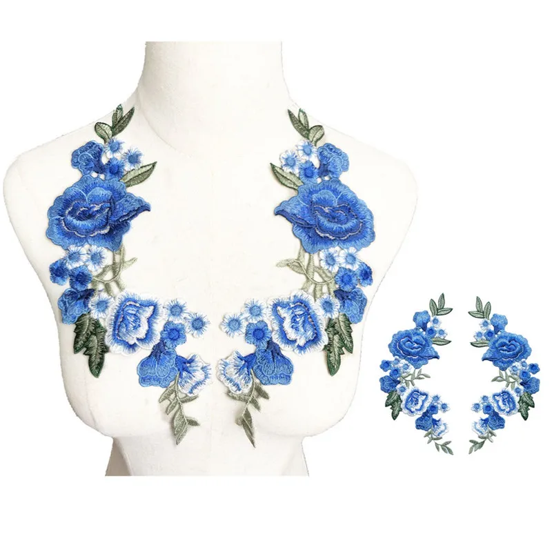 2 шт 27 см вышитые вышивать на пачках розы цветы Пион 5 цветов Свадебная Аппликация Кружева Планки для вечернее свадебное платье DIY - Цвет: 4-Blue