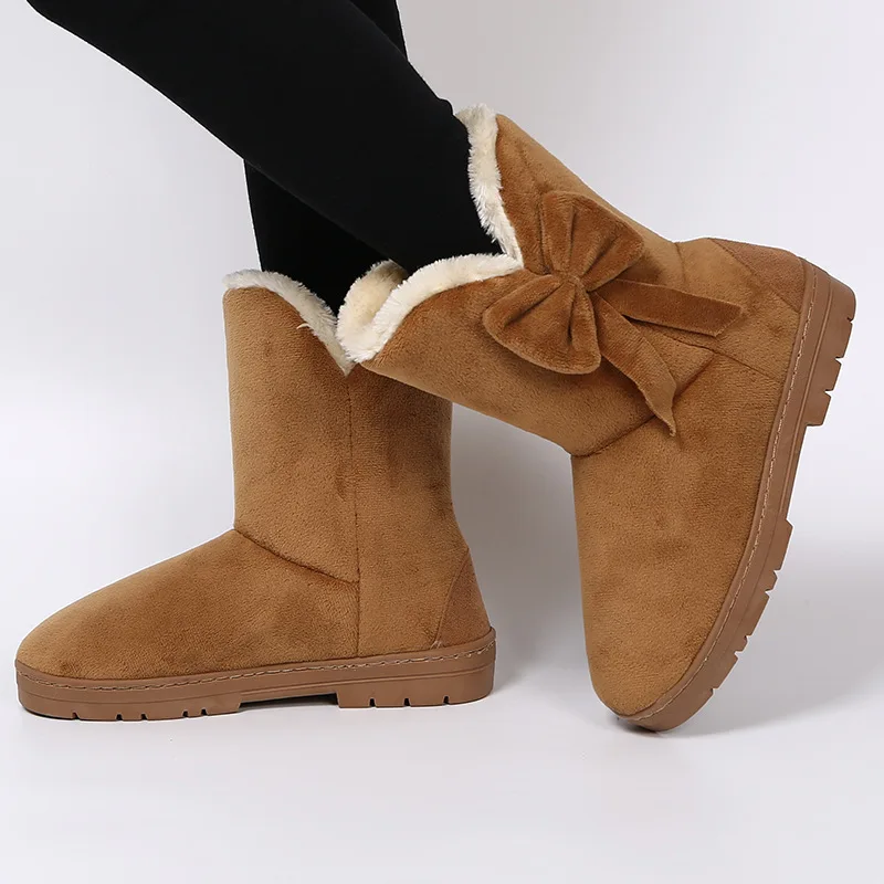 

VOGELLIA Winter Boots Women Mid-calf Rund Toe Slip-on Snow Boot Sweet Bow tie Warm Girl Ladies Platform Flat Shoes Boots