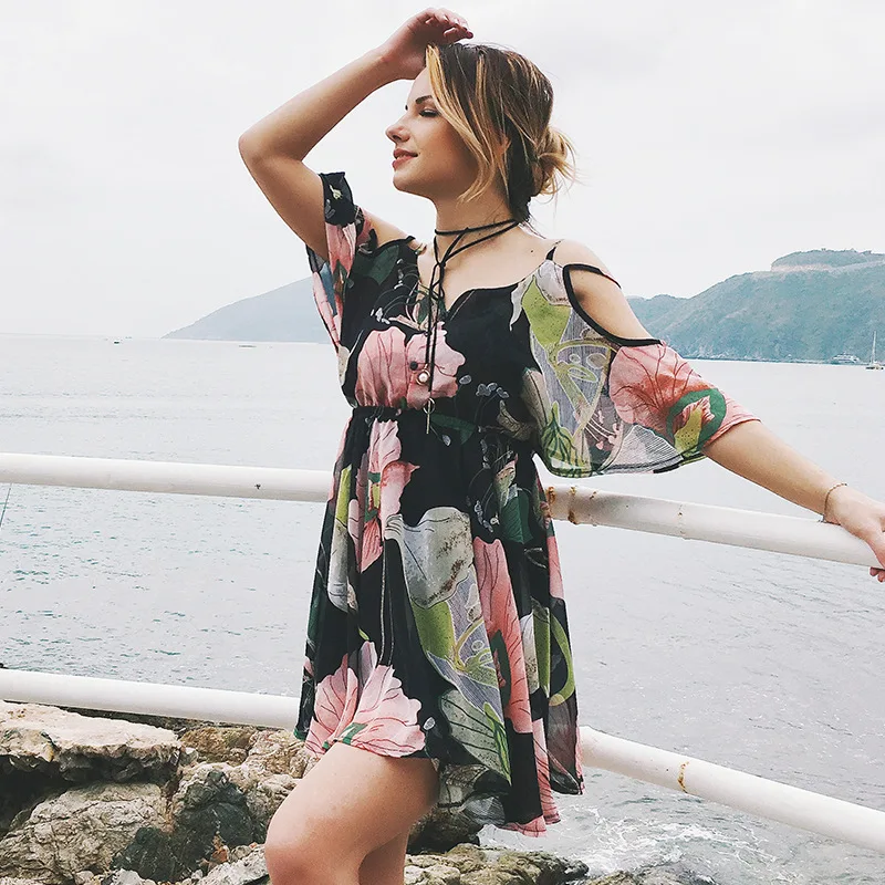 

2018 Summer Beach Dress Chiffon Sexy Floral Print Women Off Shoulder Backless Spaghetti Strap Ruffle Ladies Mini Dresses H3T2
