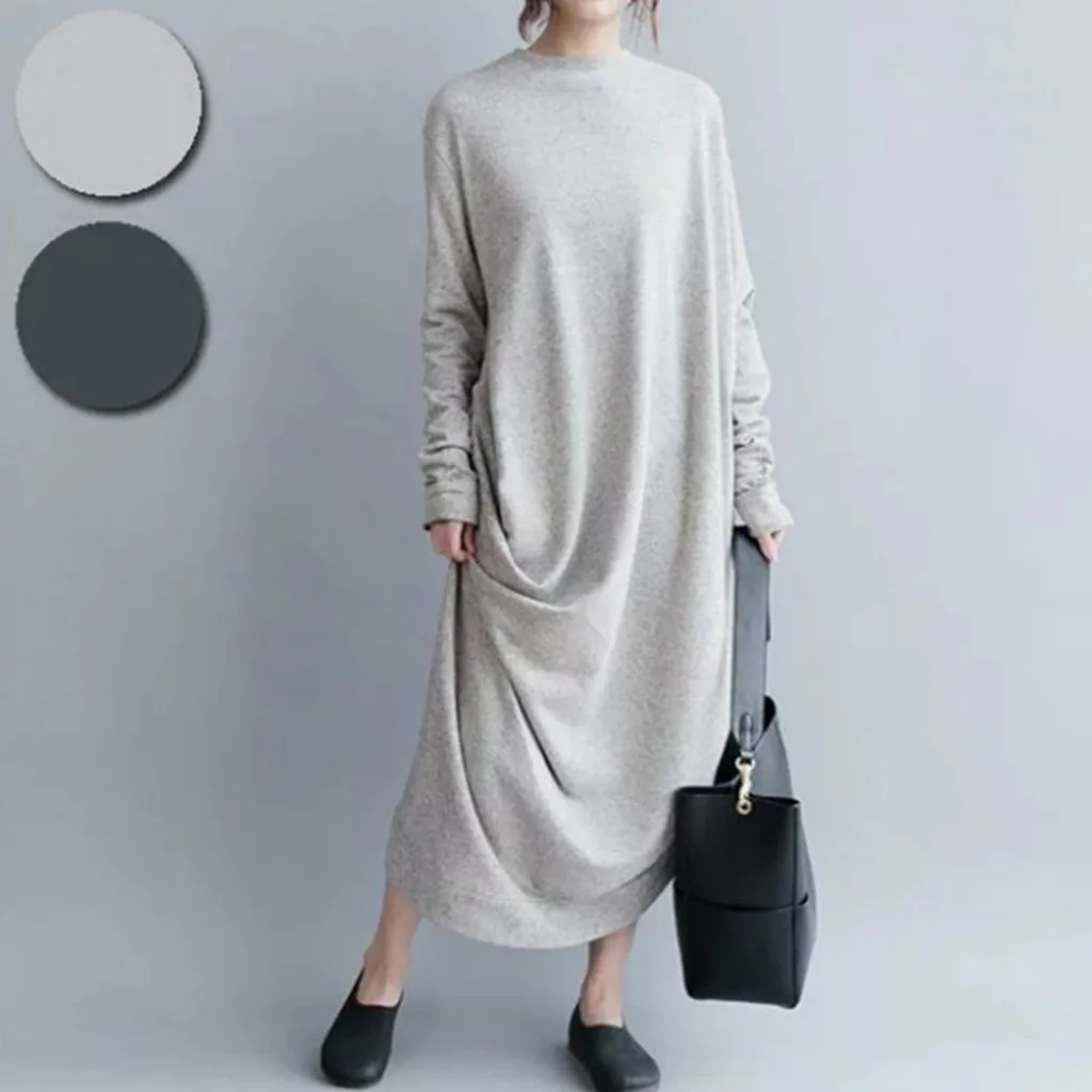 

JAYCOSIN Plus Size Women's Casual Long Sleeve O-Neck Cotton Long Maxi Irregularity Ankle-Length Natural Dress Black Gray z1213