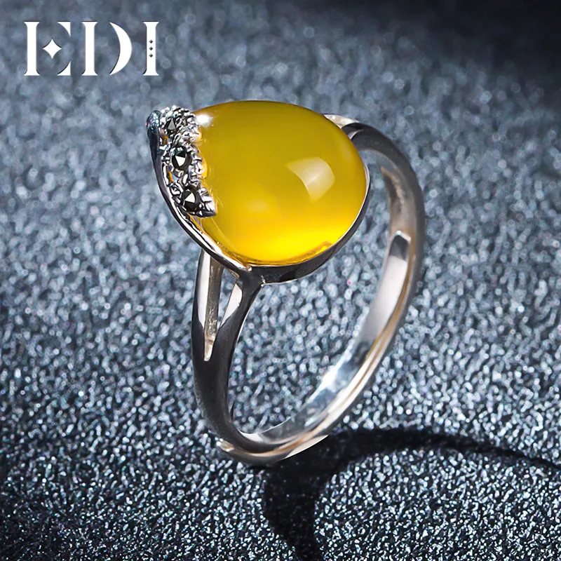 

EDI 18*12mm Natural Chalcedony 925 Sterling Silver Yellow Stone Thai Sterling Silver Jewelry Pear Cut Gemstone Ring For Women