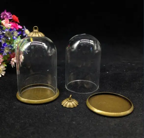 20pcs 38*25mm bell jars shape bronze plated glass bottles classic base cap set vial pendant handmade empty crystal finding