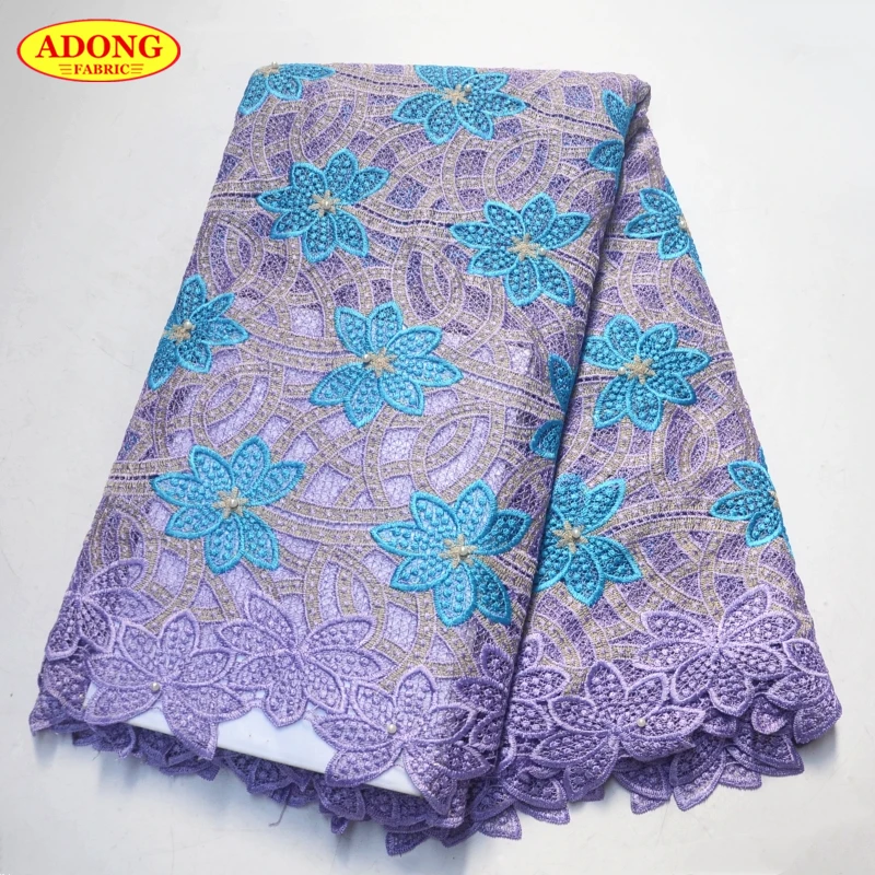 

Flower design African Water Soluble Lace Fabric Embroidery with Beaded African chemical lace 5 yards/pcs for Wedding dress,2018