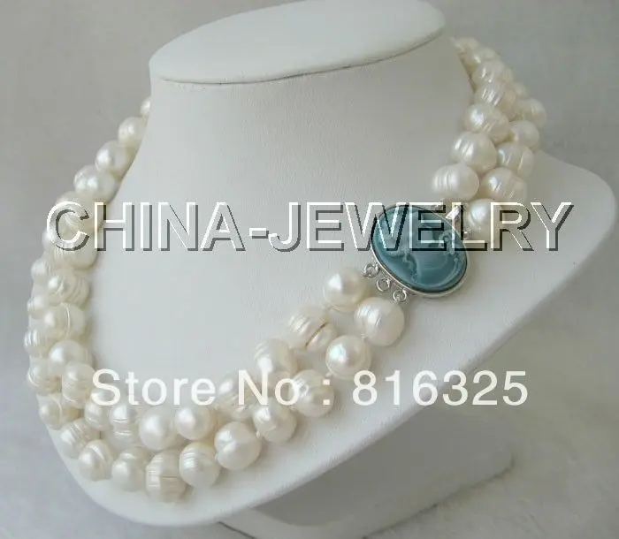 

FREE SHIPPING>> Beautiful 17-18" 2row 13mm white flaw round FW pearl necklace-cameo clasp