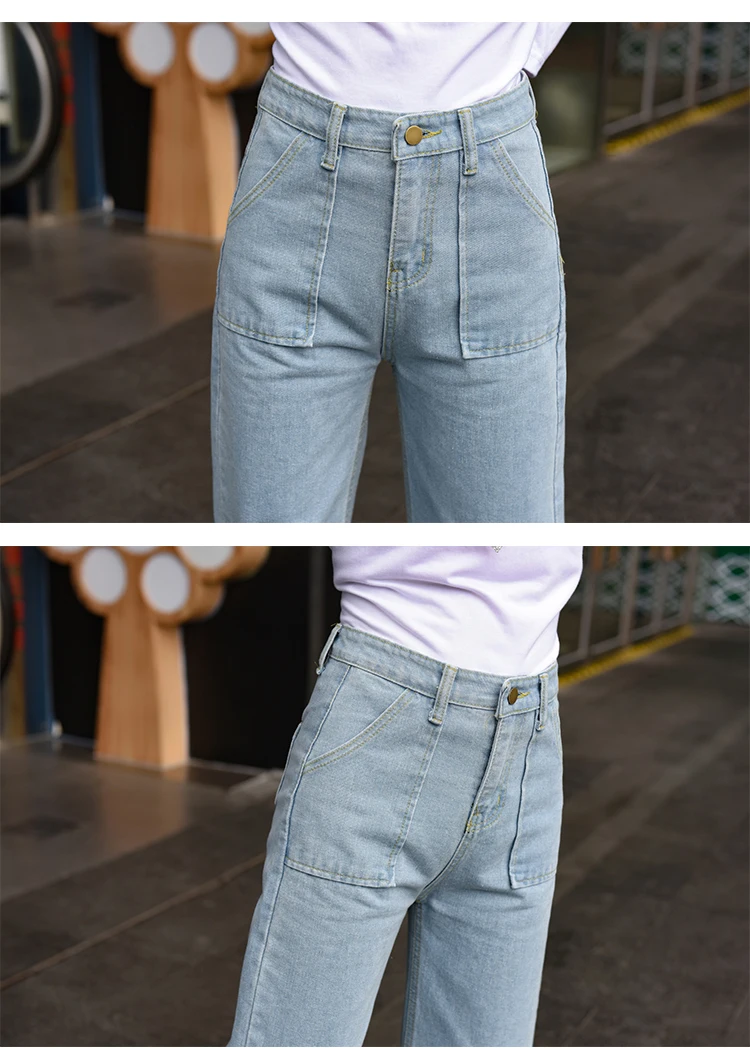 Широкие брюки джинсы женские уличный стиль полная длина повседневные большие Pockrt свободные вымытая высокая талия джинсовые брюки 2019