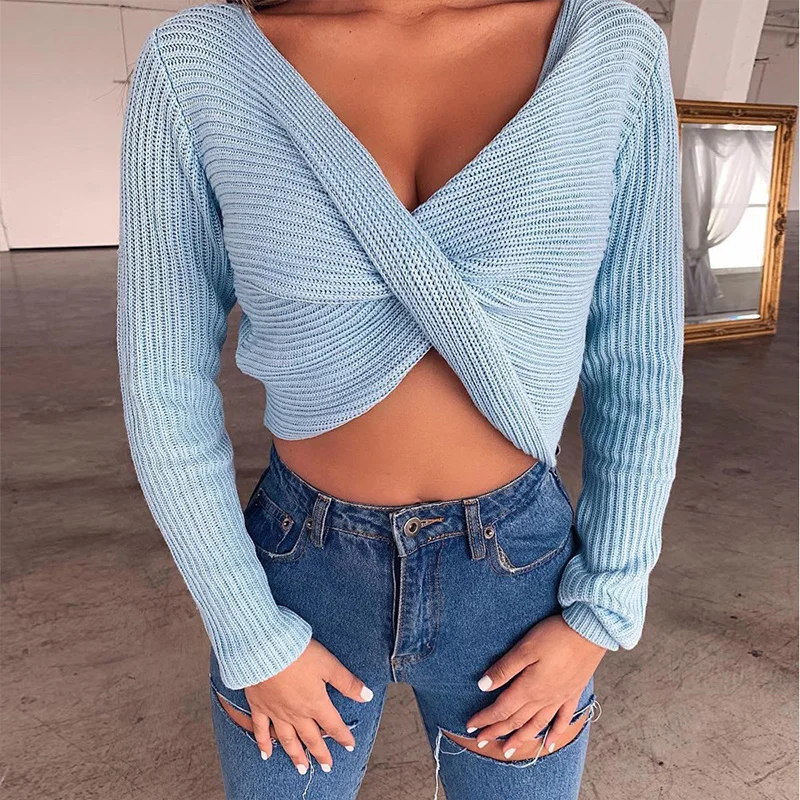 

ALLNeon Criss Cross Front V-Neck Female Sweaters Fitted Solid Knitting Pullover Long Sleeve Cropped Jersey 2019 Autumn Casual