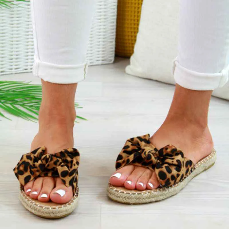 

Women Slipper Bow Peep Toe Slip On Platform Sandals Summer Beach Sliders Female Casual Flat Shoes Leopard Sandalias Mujer SE1300